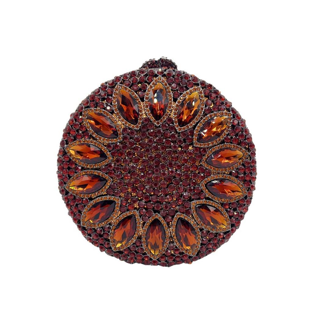 WHTUOHENG Round Brown Rhinestone Crystal Clutch For Women Evening Sunflower Handbag Prom Bag Bridal Clutches Wedding Purse