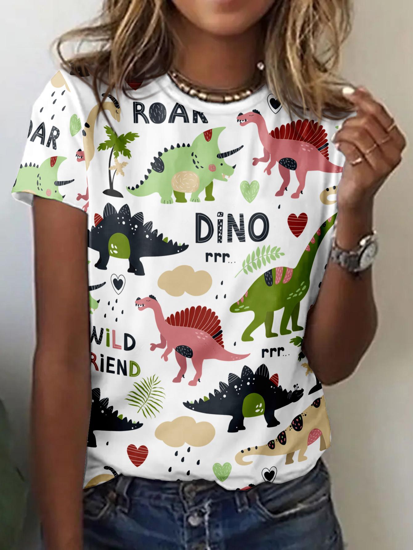 

Summer Fashion Women s Short Sleeve Round Neck Top Dinosaur Pattern Digital Print T-Shirt XL