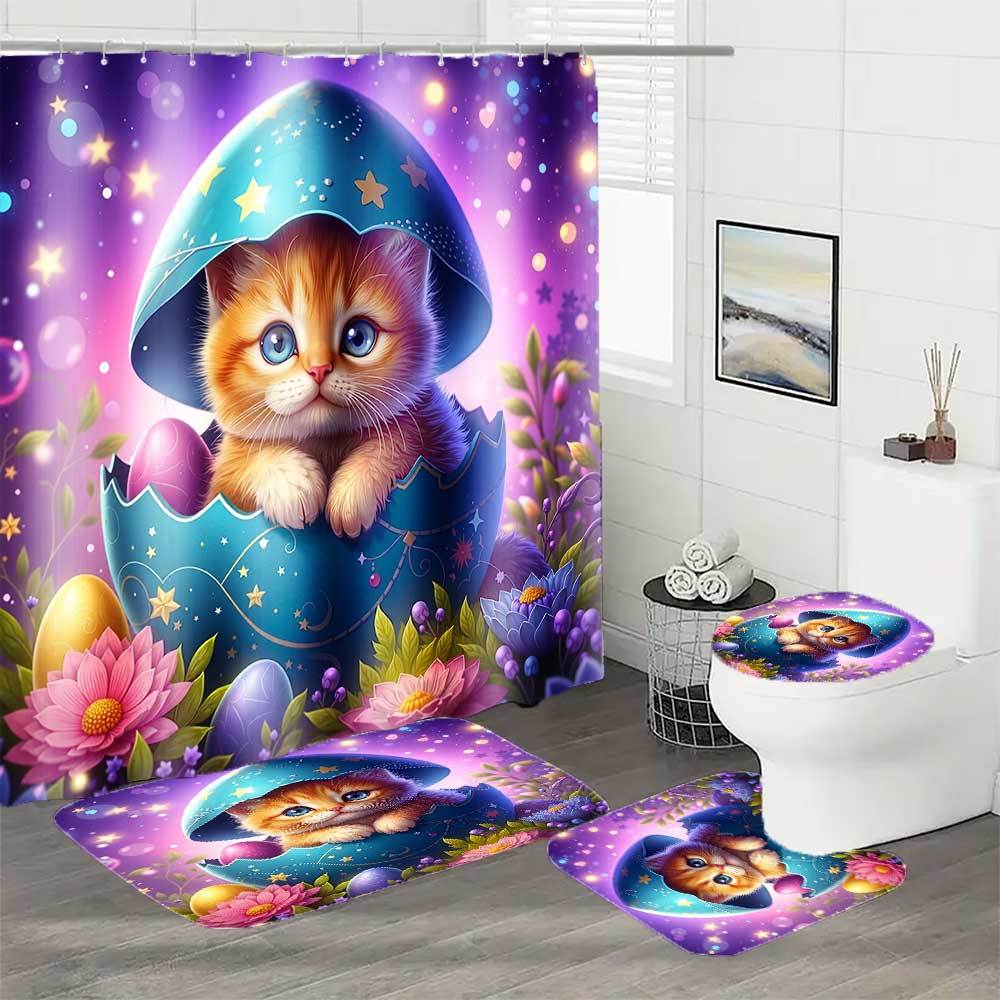 4Pcs Easterthemed Shower Curtain Set with Non-Slip Bath Mat, Toilet Lid Cover, Contour Rug & 12 Hooks, Bathroom Decor