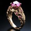 Gorgeous Inlaid Red CZ Leaf Women's Ring Dazzling Gold Color Hand Carving Daily Wear Party Jewelry Anniversary Gift