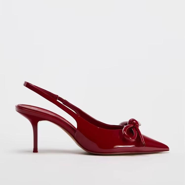 

Мелкие туфли-лодочки с открытым носком, сандалии, бордовые туфли на высоком каблуке, новинка ранней весны, сексуальные туфли-стилет 2025 с бантом, с острым носком, женские 35 красный