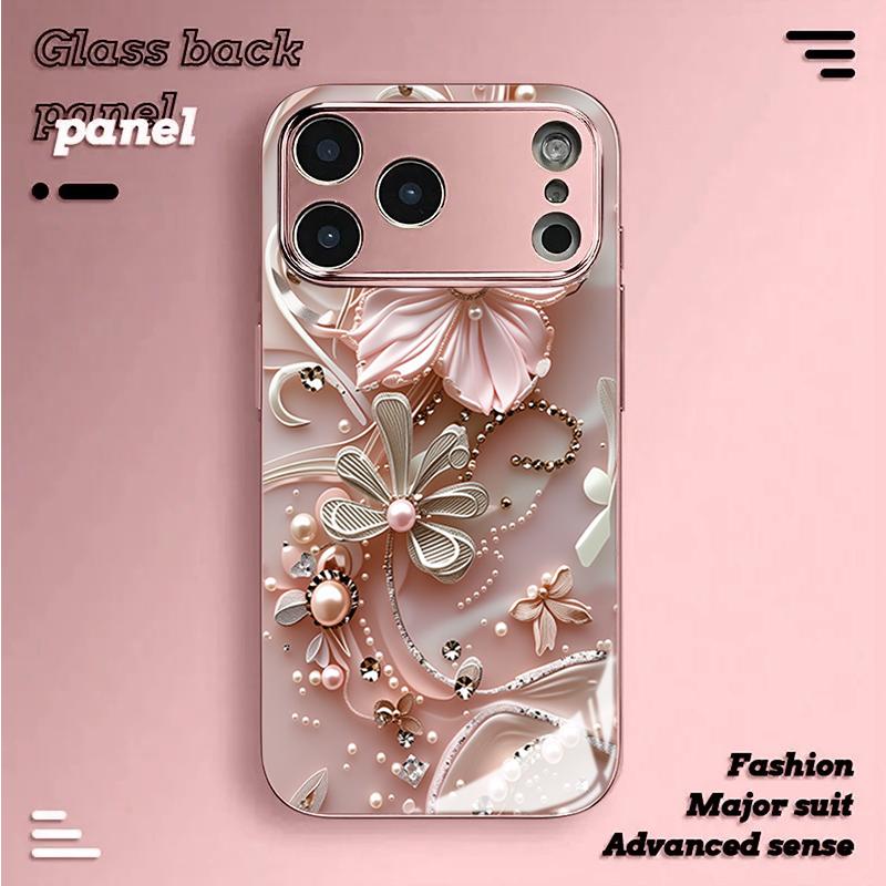 Pink Diamond Flower Tempered Glass Phone Case for iPhone 18 17 Pro Max 16 15 14 Plus 13 12 11 Pro Max 16E 17Air Protection Cover