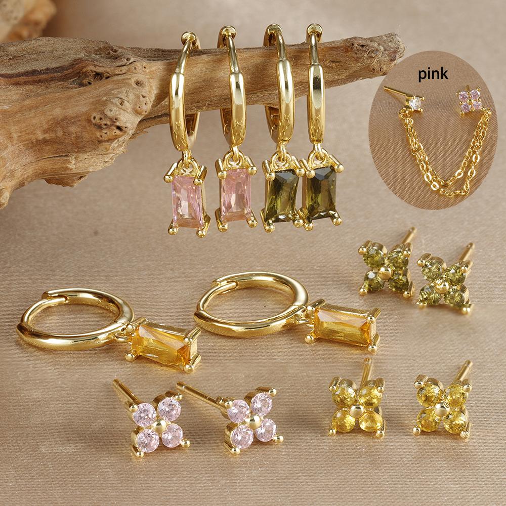 Exquisite Green Zircon Flower Hoop Earrings 18K Gold Plated Stainless Steel Chain Piercing Earring Luxury Jewelry aretes mujer