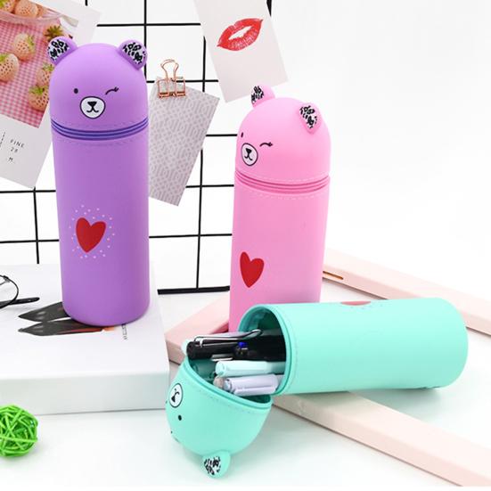 Silicone Pencil Case Bear Shaped Portable Pencil Pouch Cute Stationery Organizer for Pen Rulers Makeup Brushes Students School Supplies
