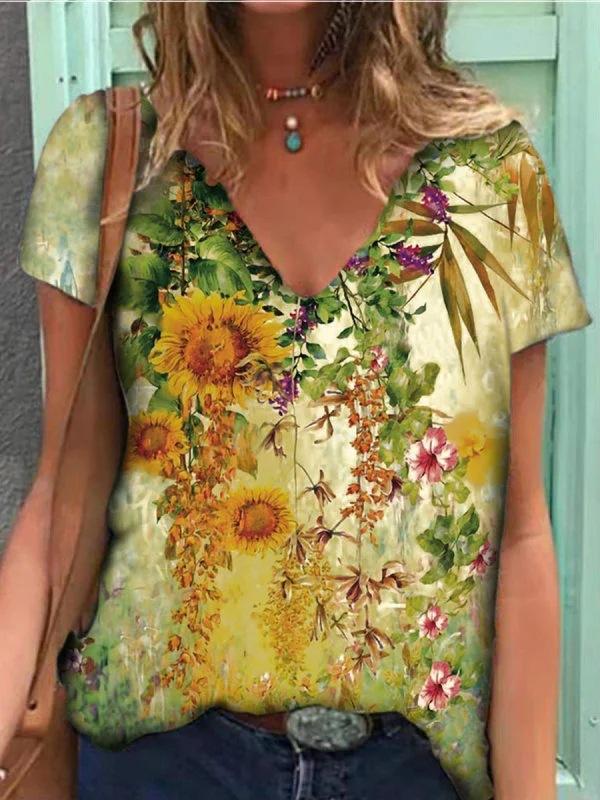 Women's T-Shirts Color Floral Flower 3D Print Summer V-Neck Short Sleeve T Shirt Y2K Tees Oversized Harajuku Top Female Clothing