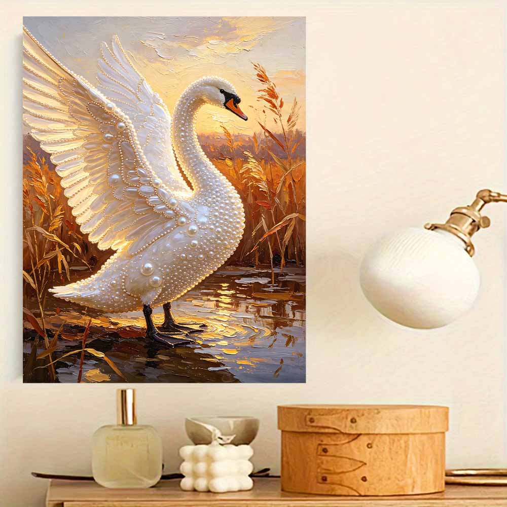 Framed Pearl Bead Painting Kit Elegant Swan Sunset Landscape DIY Shiny Canvas Art Creative Handmade Craft for Desk Decor Gift