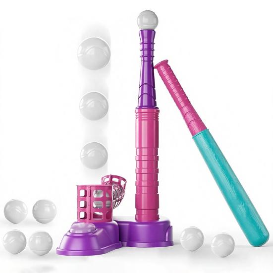 T-Ball Set for Kids Ball Launcher T Ball Stand Baseball Bat And 6 Baseballs Set Toddlers Outdoor Toys for Boys Girls