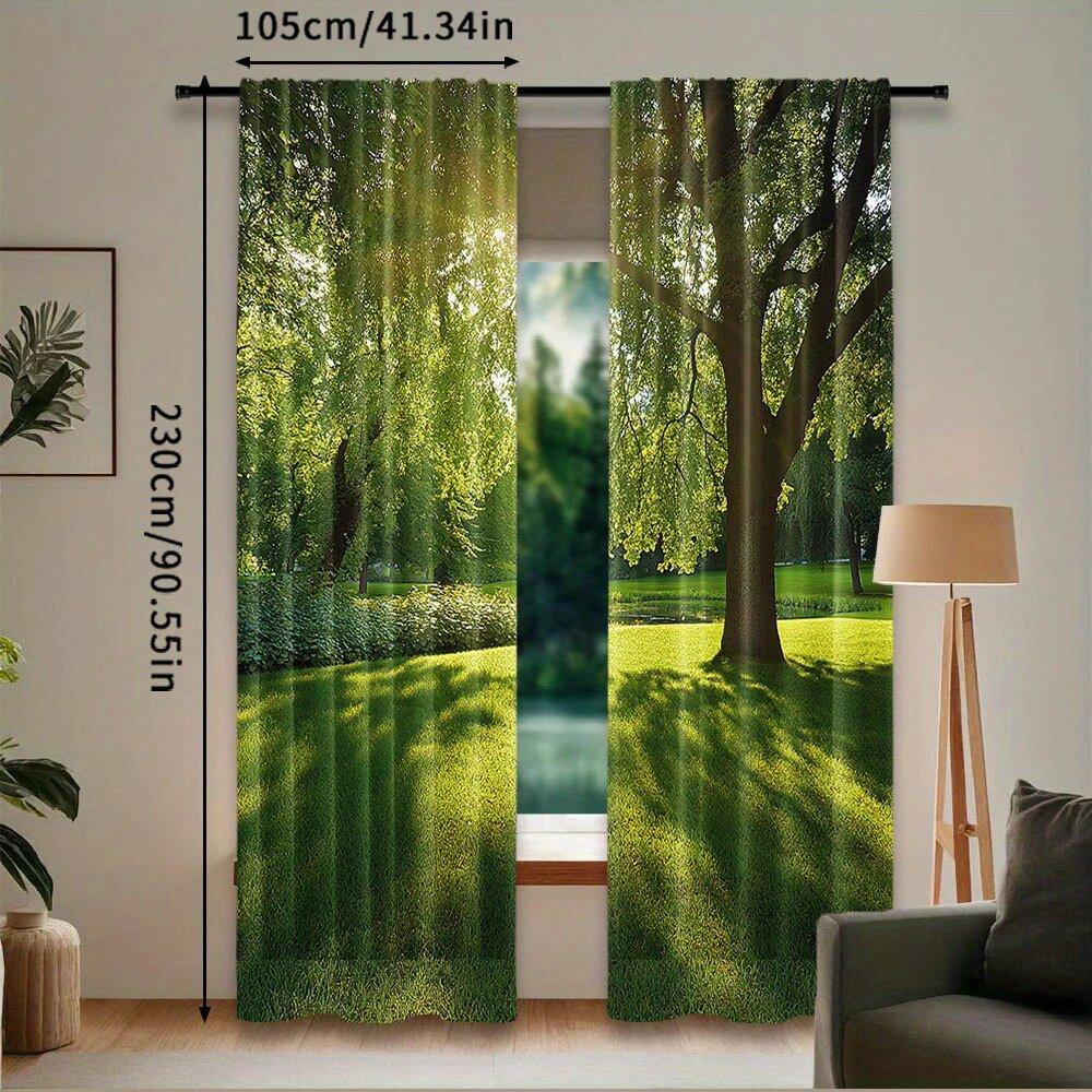 2 pieces of summer forest light and shadow printed curtains, pole bag curtains, home decoration, room decoration