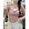 Spring Pink Girly T-shirt Women's Lace Button-up Top Fake Two-piece Waist Pleated Bottoming Shirt