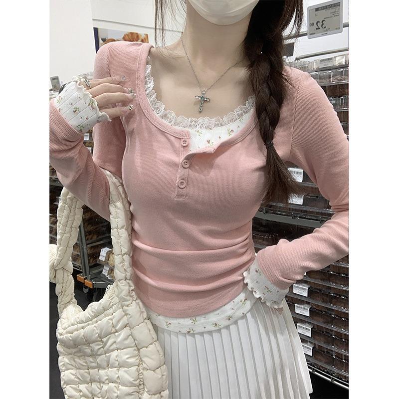 Spring Pink Girly T-shirt Women's Lace Button-up Top Fake Two-piece Waist Pleated Bottoming Shirt