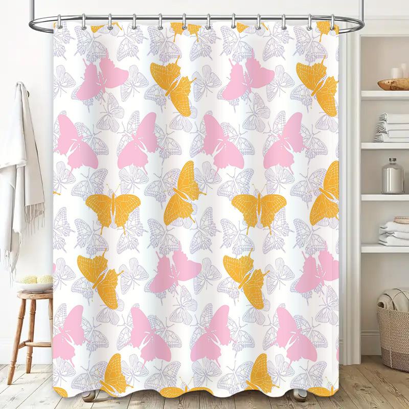 Vibrant Butterfly Shower Curtain Pink Yellow Floral Design for Bathroom Decorations Polyester Material Waterproof Washable