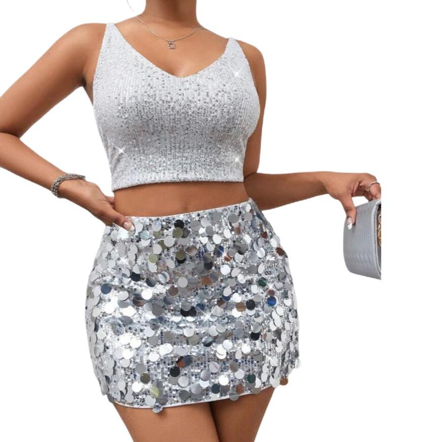 2025 Spring/Summer Women's Irregular Sequin Mini Skirt for Party & Nightclub
