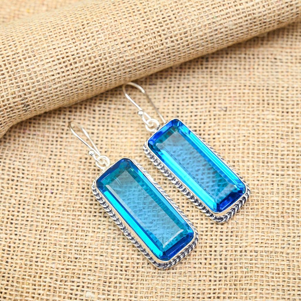 Handmade Blue Topaz  Gemstone  925 Solid Sterling Silver Jewelry Exquisite Earring For Women