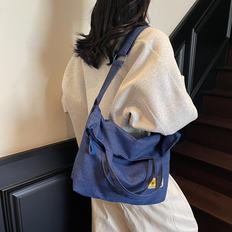 Large Capacity Student Tote Bag Solid Color Shoulder Crossbody Bag