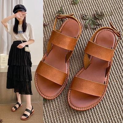 European and American Retro Style Flat-bottomed Buckle Sandals Women's One-word Buckle Strap Large Size Beach Sandals Simple