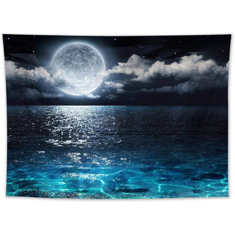 Sea Moonrise Tapestry Ocean Waves and Moonlit Night Living Room, Bedroom, Headboard Feature Wall Home Decor