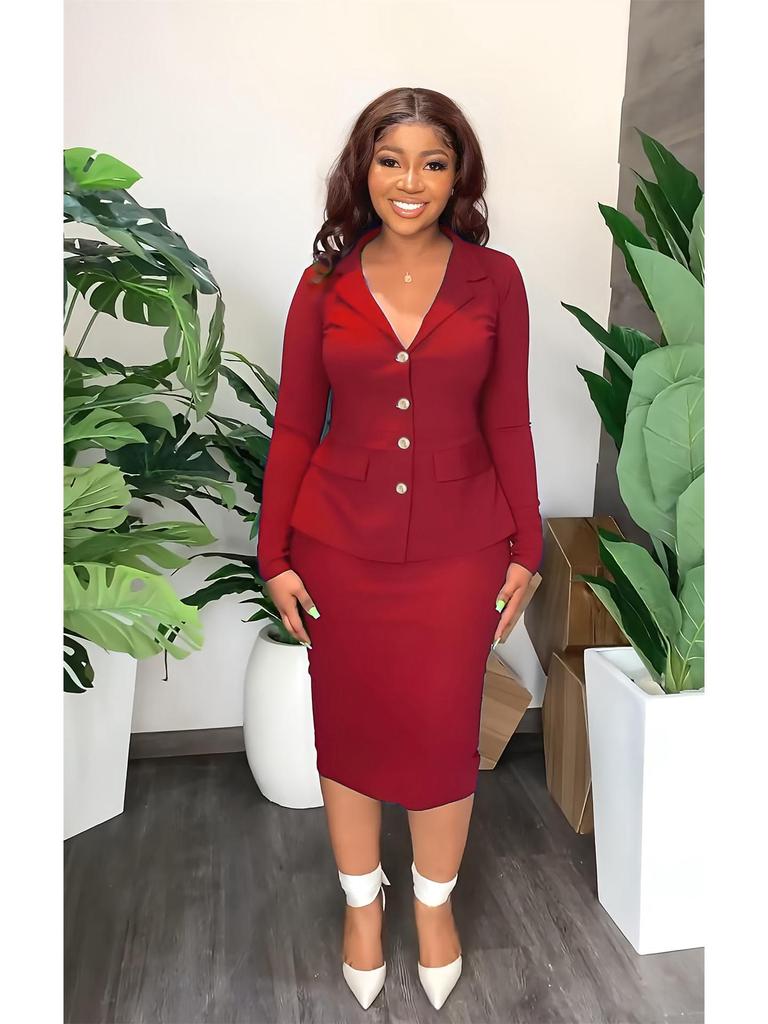 European & American Temperament Suit: Shirt Collar Top & Fashion Hip Wrap Skirt Two-Piece Set