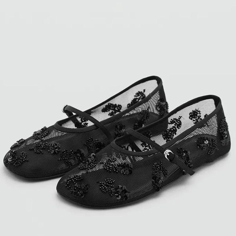 Fashion Comfort Mesh String Bead Brand Ballet Flats Women Luxury Sequins Buckle Mary Jane Shoes Fashion Round Toe Shallow Designer Shoes