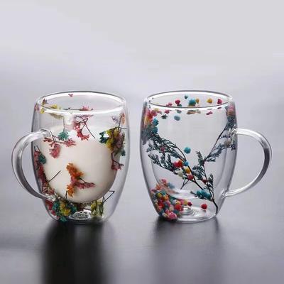 2Pcs Double Wall Glass Coffee Mug with Handles Clear Milk Cups Gifts Glass Cup Fill Artificial Simulation Flowers Teacup Gift