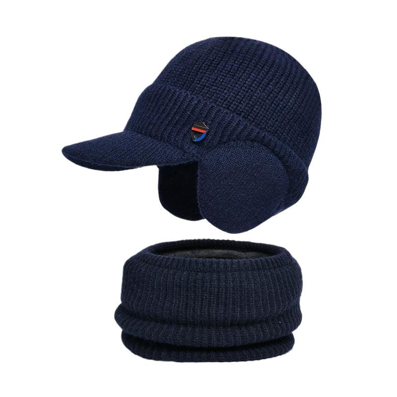 Winter warm ear protection hat scarf set plush wool hat men's European and American pullover knitted hat