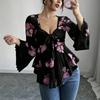 Women's Square Neck Watercolor Floral Print Long Sleeve Blouse with Tie Front, Casual Top