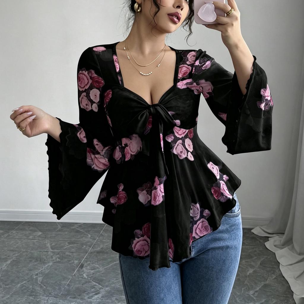 Women's Square Neck Watercolor Floral Print Long Sleeve Blouse with Tie Front, Casual Top
