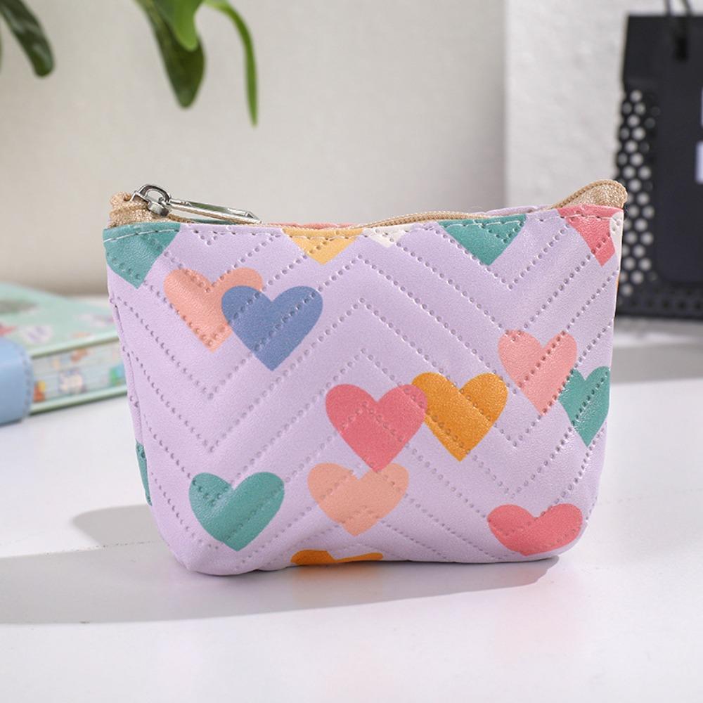 Multi-functional PU Leather Coin Purse Heart Patterns Zipper Closure Mini Wallet Small Makeup Bag Home Travel Lipstick Holder