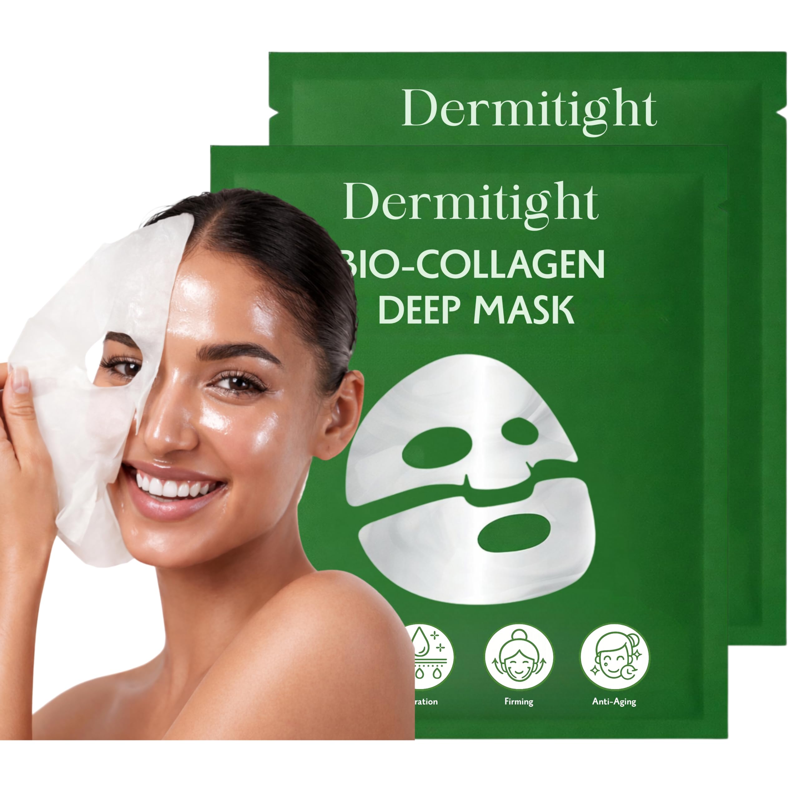 DermiTight Bio Collagen Face Mask (Pack of 2) | Korean Glass Skin Overnight Face Mask Sheets with Hydrogel, Collagen, Hyaluronic Acid | Face Mask f