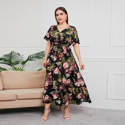Summer Women Dress Short Sleeve High Waist V-Neck Midi Dress Plus Size Sexy Temperament Print Dress