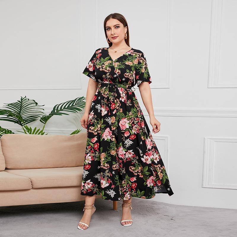 Summer Women Dress Short Sleeve High Waist V-Neck Midi Dress Plus Size Sexy Temperament Print Dress