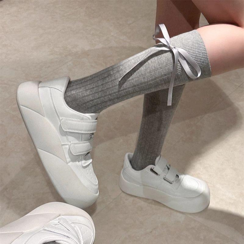French-Style Ballet Ribbon Bowknot Socks for Women | Summer Thin Solid Color Vertical Stripe Calf Slouch Socks in Gray