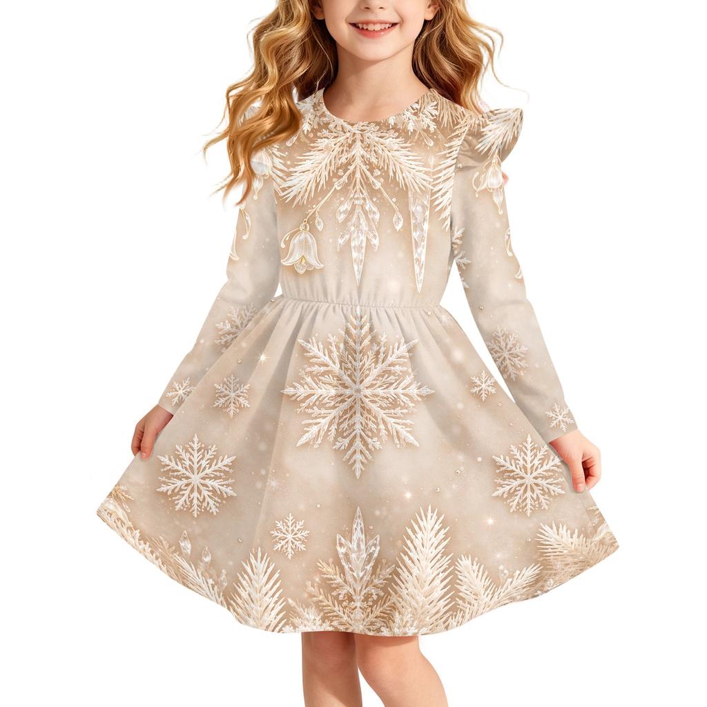 Girls' Christmas Print Long Sleeve Dress with Sleeves for Holiday Party