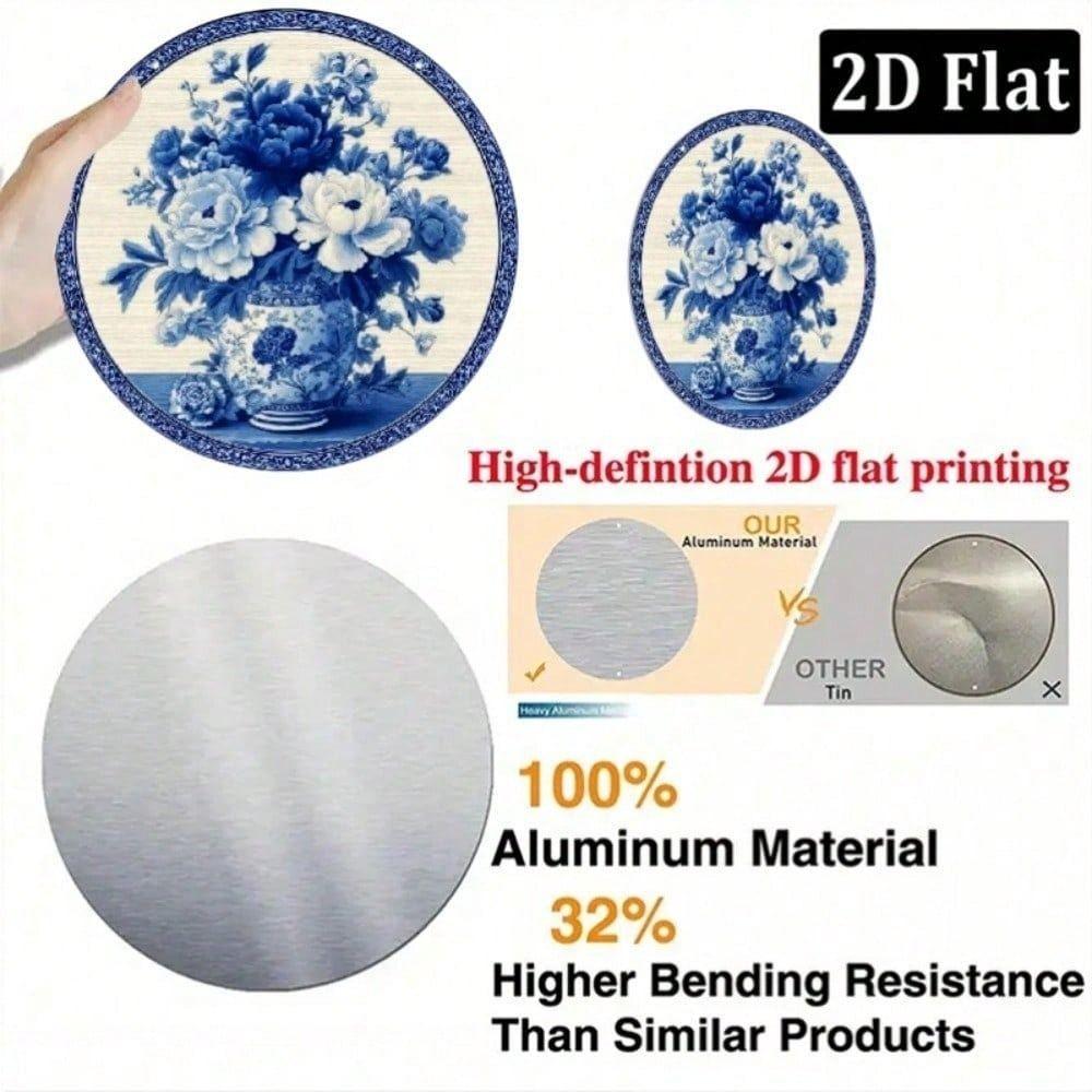 Vintage Round Metal Wall Art Sign with Blue Porcelain Floral Design