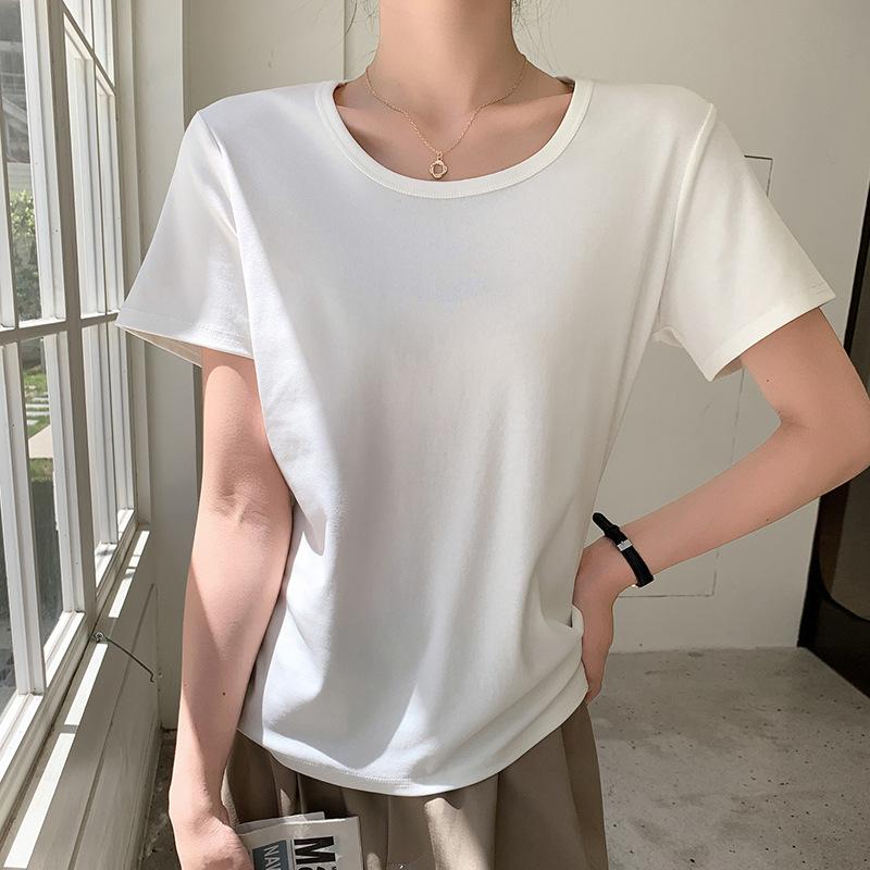 Pure Cotton Crew Neck Shoulder Shirt Women's Summer Wear Loose and Thin Short-sleeved Bottoming Shirt Top