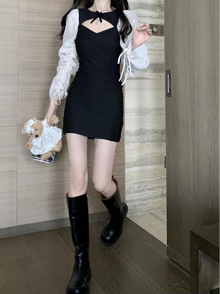 Women's Spicy Lace-up Puff Sleeve Patchwork Dress - Spring/Autumn Slim Fit Short Skirt