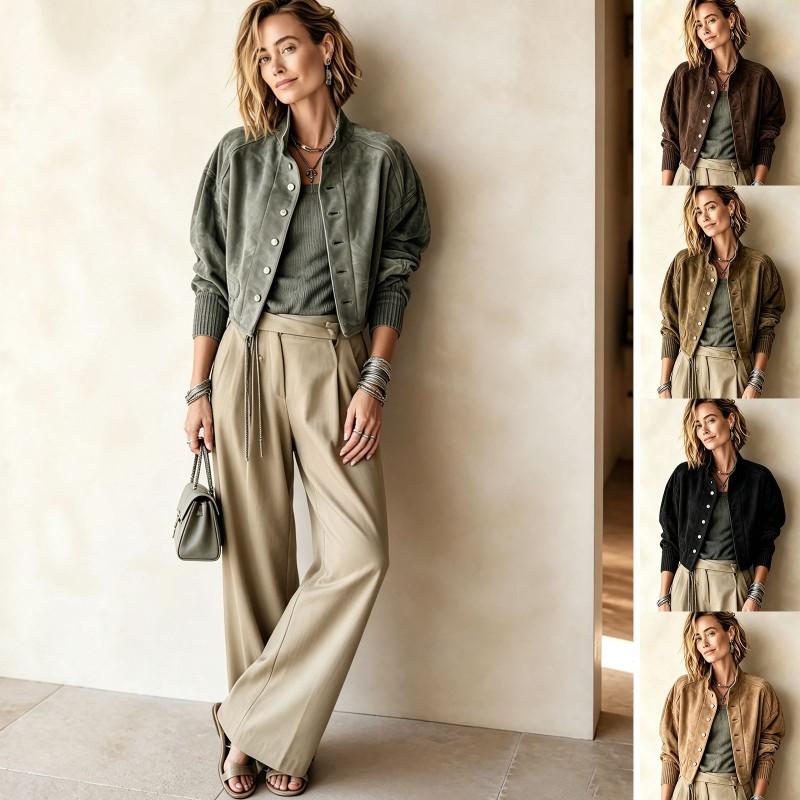 Womens Short Suede Baseball Jacket Loose Fit Casual Outerwear Winter 2026
