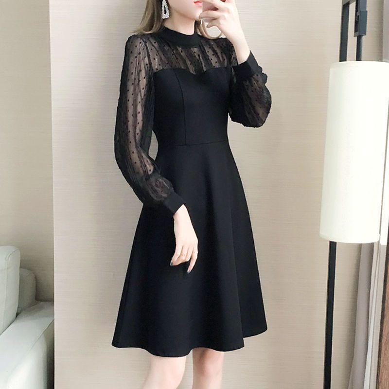 Plus Size Lace Slimming Dress - Cinched Waist, Long Sleeve, Spring & Autumn