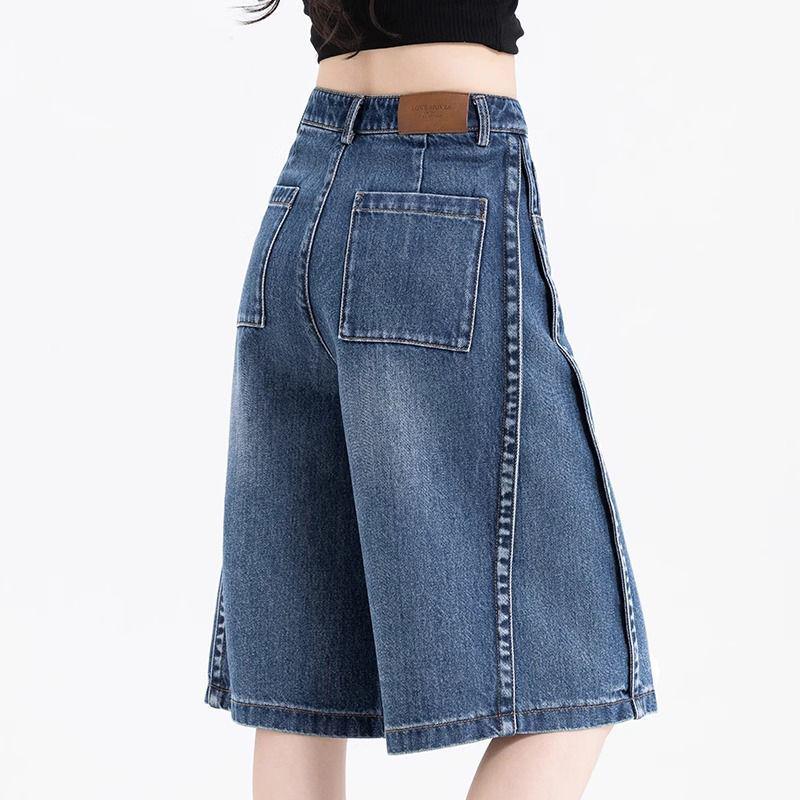 2025 Summer Light Blue Ripped Denim Shorts with Contrast Pockets L [55-60kg]