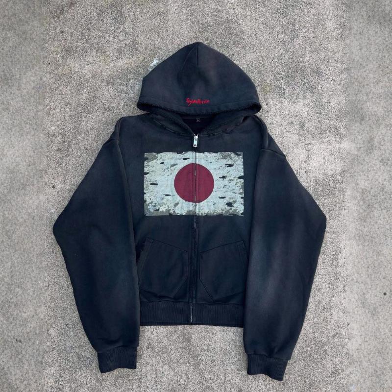 Y2K street punk print loose long sleeved zipper cardigan hooded sweatshirt