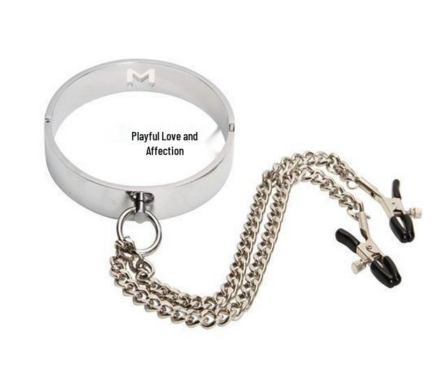 Metal Traction Collar with Nipple Clamps for BDSM Slave Training