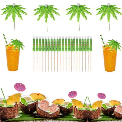 50Pcs Tropical Palm Tree Paper Umbrella Cocktail Food Fruit Picks Cupcake Toppers Hawaiian Birthday Party Wedding Decorations
