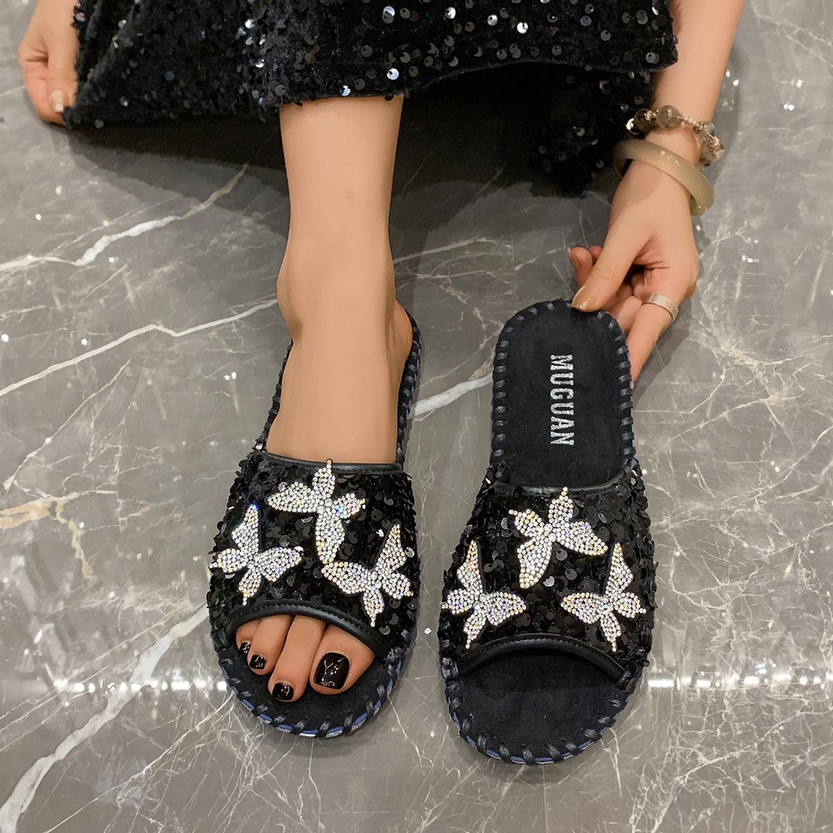 

Модные женские тапочки Летние роскошные тапочки со стразами Противоскользящие износостойкие повседневные сандалии на плоской подошве Шлепанцы для женщин Zapatos De Mujer 43 чёрный