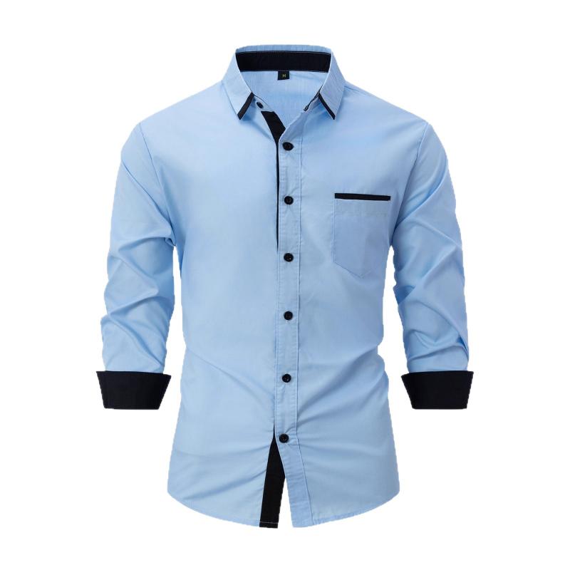 Men Contrast Black Trim Pocket Full Button Long Sleeve White Dress Shirt
