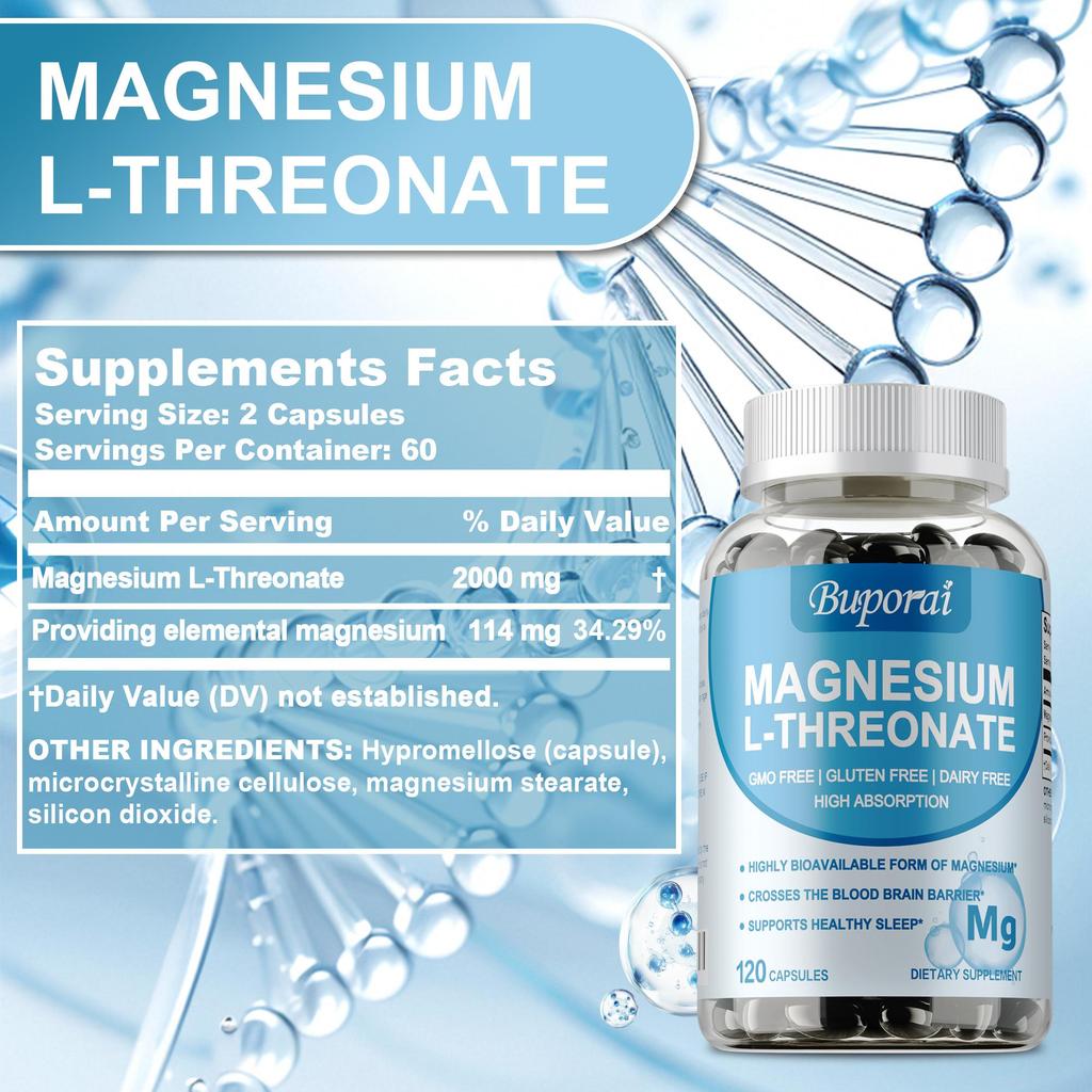 Kapsle L-Magnesium Threonátu, vysoce vstřebatelný doplněk, pomáhají zlepšit spánek a kognitivní funkce.