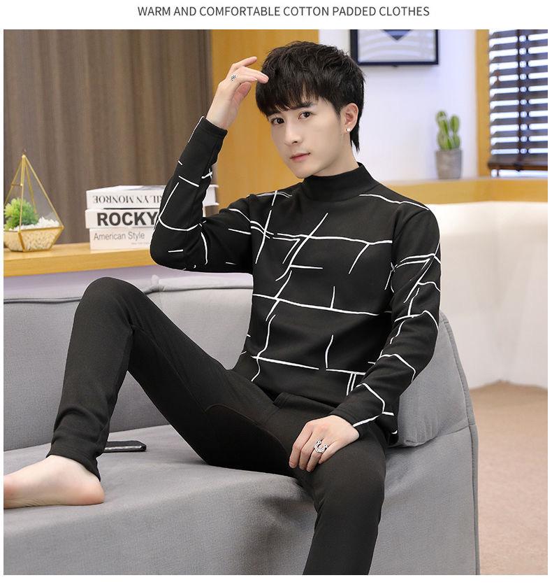 Men's Trendy Thermal Underwear Set: Teen Plus Velvet, Thickened Warm Bottoming Shirt & Pants for Autumn/Winter