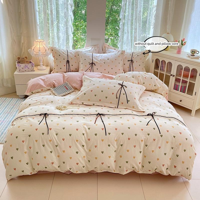 3pcs Korean style Duvet Cover Set (1*Duvet Cover + 2*Pillowcase, Without Core), Cute bow Bedding Set