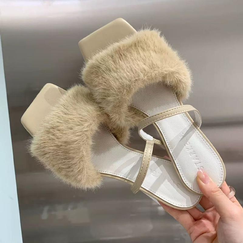 Fur Women Slippers Mid Heels Designer Shoes Dress New Woman Sandals 2025 Summer Elegant Pumps Luxury Zapatillas De Mujer