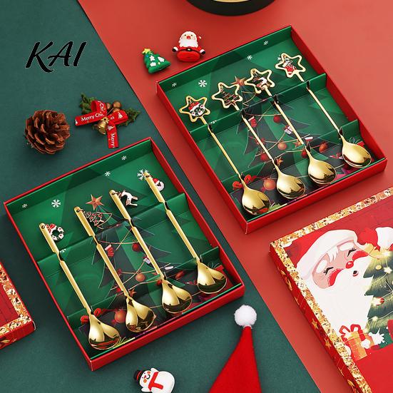 Kitchen Gadgets for Parties 4Pcs Christmas Stainless Steel Spoons, Coffee Stirring Xmas Dessert Teaspoons Serving Spoons with Gift Box, Holiday