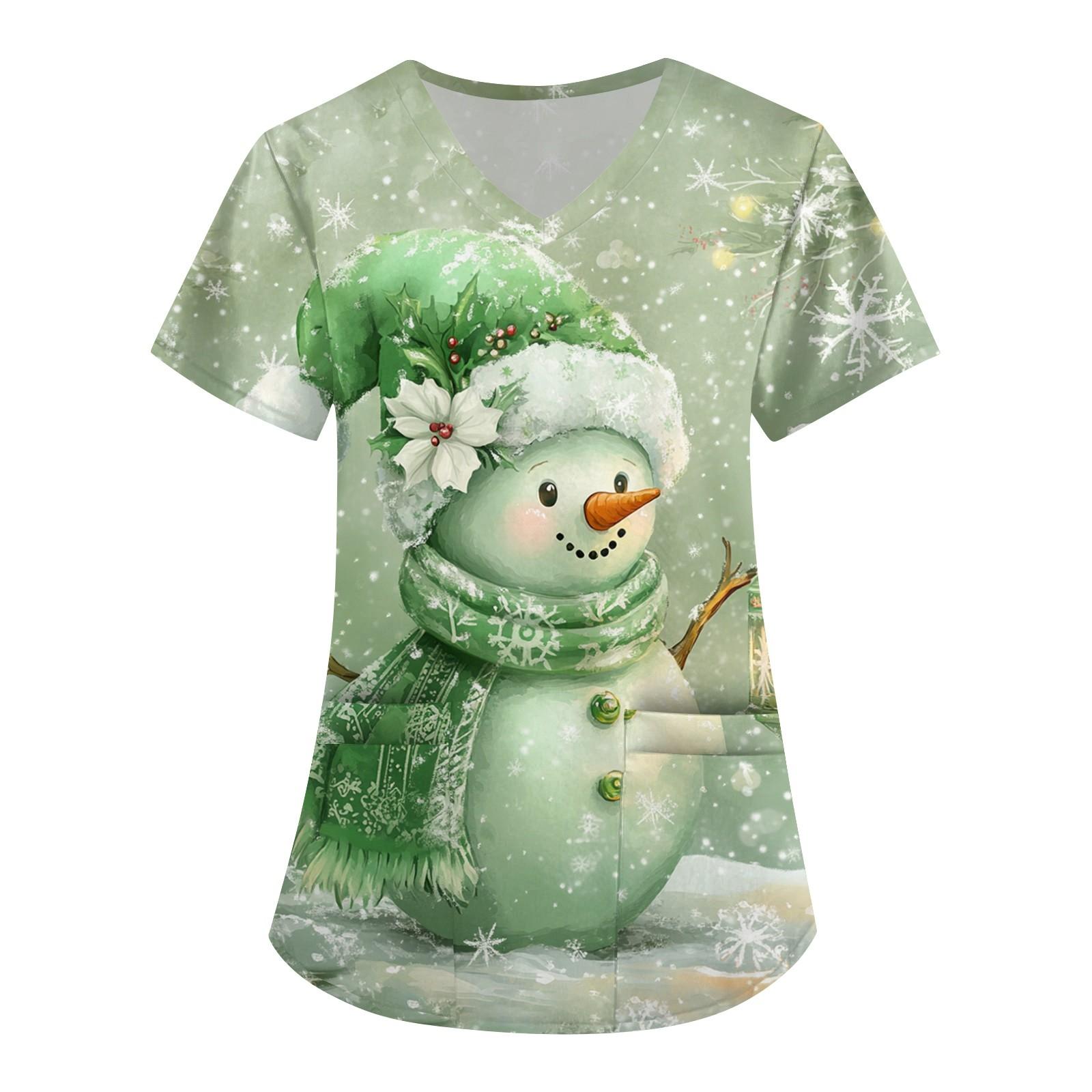 

Женская симпатичная рабочая одежда с принтом, V-образным вырезом, двухслойными карманами, базовым коротким рукавом, пуловером на Рождество XL