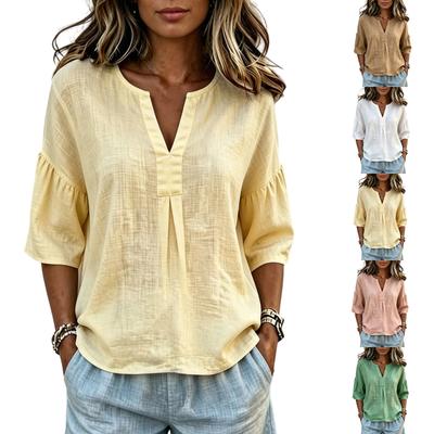 Women's Casual Pullover Blouse V Neck Loose Fit Three Quarter Sleeve Lightweight Top for Everyday Wear